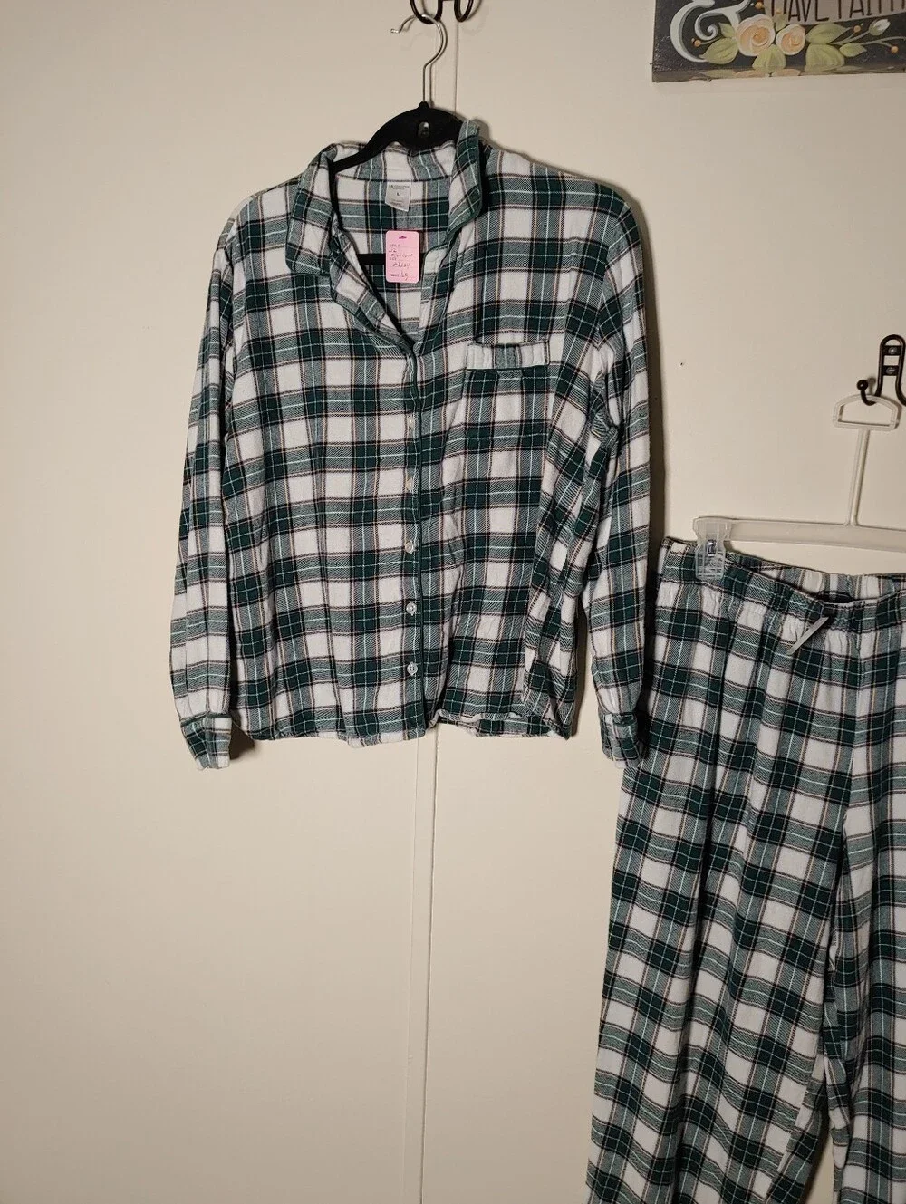 Liz Claiborne large 100% Cotton Green Plaid Long Sleeve Pajama Set